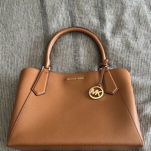 Michael Kors Tan Pebbled Leather Satchel with Gold MK Charm